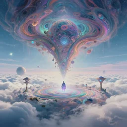 psychdelic dreamworld in the clouds, surrealist and abstract digital art trending on artstation by artist Rob Gonsalves and Mark Riddick supreme peace immense knowledge dmt art