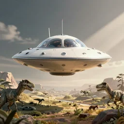 A 3D drawing of a UFO flying across the Jurassic period