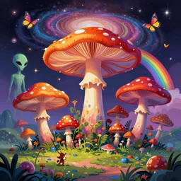psychedelic mushrooms, enchanted alien world, mushrooms on the ground, aliens, galaxy in the sky, butterflies, rainbows, bright colors, psychedelic, wide angle shot, vector art, fantasy poster by helen huang and frank frazetta and salvador dali