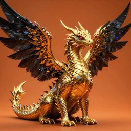 indigo dragon with raven wings and holographic scales shimmering gold with deep orange background ultrarealistic 1 5 0 mpx
