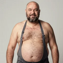 photograph of a heavyset middle aged balding French man with a beard, a hairy chest and a pot belly wearing an apron
