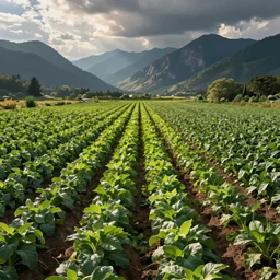 straight rows of lush crops, mountains in the background, detailed digital 2d fantasy art