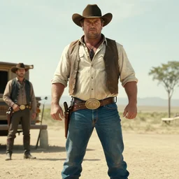 film still of the main character brawny burly surly cowboy wearing jeans standing in the outdoor scene in an action movie posing for the camera, 4 k wild west westworld 2 0 1 6