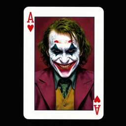 poker card design of dc comic villain the joker creepy menacing dangerous slit mouth smile by michael hussar, james jean, tomer hanuka