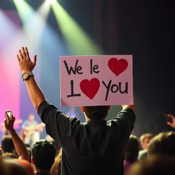 man at concert waving placard, stating we love you stevie wonder