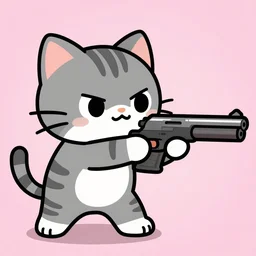 cute grey cat with white stripes play apex legends, shooting gun, japanese comic style, pink background