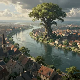 an enormous wide river runs through a medieval port city, the river is calm and looks more like a lake, high detail, concept art, massive tree at one end of the river that stands taller than any of the other buildings