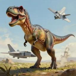 a detailed digital art painting of a trex dinosaur smiling fighter jet plane