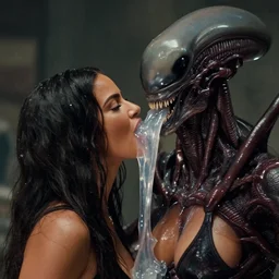 film still of kim kardashian being ingested by a facehugger, alien goo, transparent goo, transparent liquid, saliva, 8 k