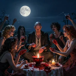midnight moonlight realistic matte painting wan bald british man surrounded by tweakers addicts groupies performing ritual blood magick greg rutkowski artstation hdr vivid color ( ( ( ( ( ( ( ( alphonse mucha ) ) ) ) ) ) ) ) )