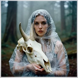 a color photograph, closeup portrait of a woman wrapped in plastic, holding a unicorn skull, in a foggy redwood forest, color photograph, by vincent desiderio, canon eos c 3 0 0, ƒ 1. 8, 3 5 mm, 8 k, medium - format print