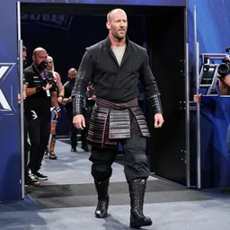 jason statham entering entrances ramp of smackdown as samurai!