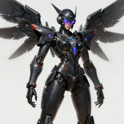 uncropped stealthy Feminine mecha (with futuristic jet armor and wings) with a heart visor helmet, symphogear, far shot, full body character portrait, hi-tech vaporwave seapunk, trending on Artstation, black armor, digital painting, concept art, sharp focus, illustration, art by WLOP and Greg Rutkowski
