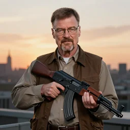 Photo Of Walter White Holding A AK-47, Sunset, In A City, 4K
