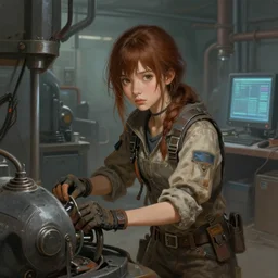 a portrait digital painting of a young girl with hazel - brown hair. post - apocalyptic clothing. she's wearing a mechanics uniform and has been working on some large machinery. a factory background with big machines, pipes, computer monitors. painted by artgerm, ross tran.