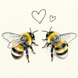 line drawing of two bumblebees, as well as some hearts, drawn with one single line, line art