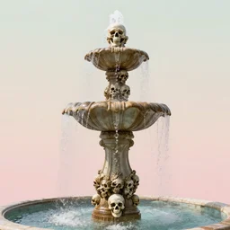 a tall decorative fountain with water made out of skulls, realistic, highly detailed, pastel background