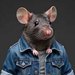 full head portrait of a mice made of jeans jacket, medium shot, super realistic, crisp details, sharp, detailed, intricate, volumetric lights, cinematic, octane render