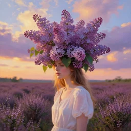 portrait, giant lilac flower as head, girl in heather field, surreal photography, golden hour, colorful clouds, impressionist painting, digital painting, artstation, simon stalenhag