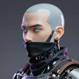 bladerunner, cyberpunk, full head close-up, side facial portrait of a  ceramic mech humanoid robot Spanish ninja with an attractive bald head and handsome features, large glowing eyes, macho, dotado, guapo, reflective surface, overwatch, trending on cgsociety, trending on artstation
