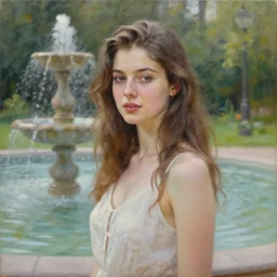 portrait of a beautiful woman by the fountain in the garden, morning, highly detailed, ultrarealistic oil painting, vladimir volegov, artstation