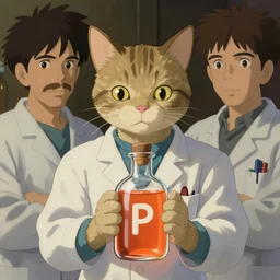 a cat dressed as a scientist filled a modern transparent little bottle with vivid orange liquid, the letter omega is painted on the bottle, art by studio ghibli and j. c. leyendecker and greg rutkowski and artgerm and ilya kuvshinov, portrait, fantasy, highly detailed, digital painting, trending on artstation, concept art, sharp focus
