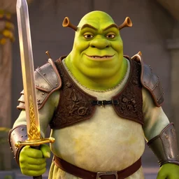 Movie still of shrek wearing warrior armor showing his golden sword