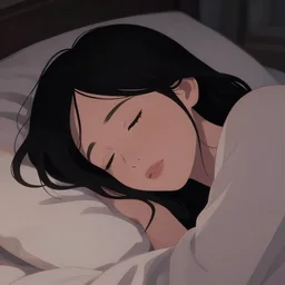 close - up shot of a relieved woman lying in her bed, slight smile, open eyes, charming, intricate, dark enlightenment, in love, clean cel shaded vector art. shutterstock. behance hd by lois van baarle, artgerm, helen huang, by makoto shinkai and ilya kuvshinov, rossdraws, illustration, art by ilya kuv, black