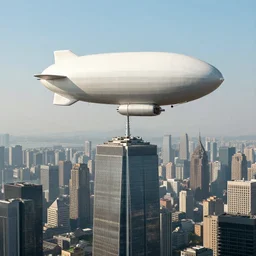 a blimp landing on top of a skyscraper in a floating city