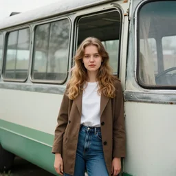 photo of a beautiful ukrainian young woman in an old soviet bus, kodachrome