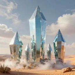 long and tall fractal diamond crystal glass houses, desert, clouds, steam, artstation