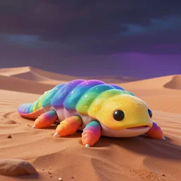 beautiful matte painting,rainbow tardigrade,sand dune,neon desert,ominous sky,by dan mumford and lisa frank,unreal engine,concept art,close up,vivid,trending on artstation