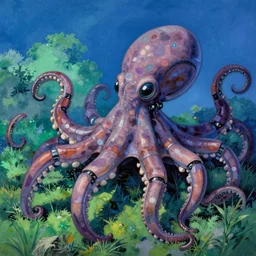 robotic octopus by miyazaki, blue green purple color palette, illustration, kenneth blom, mental alchemy, james jean, pablo amaringo, naudline pierre, contemporary art, hyper detailed