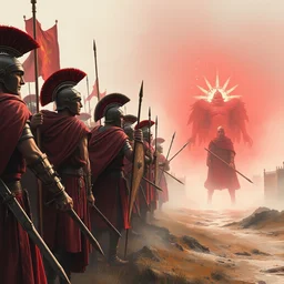 the roman army facing an invisible threat, watercolor, soft cinematic light, low fantasy, red tones, 4 k, concept art