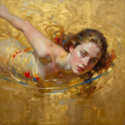 abstract oil matte portrait painting, woman swimming in a golden liquid partially covered, red dollops, blue strains, detailed face, wonderful masterpiece highly detailed, beautiful cinematic light deep focus, elegant, smooth, sharp focus, golden ratio, dramatic illumination, ultra realistic, 8 k, art by kristina alisauskaite and caravaggio