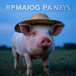 a pig wearing a straw hat at blue hour, twilight, cool, award winning 4 k photo