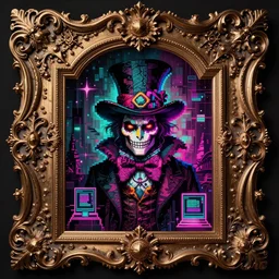 baroque bedazzled gothic royalty frames surrounding a pixelsort emo demonic horrorcore Japanese maximalist decora Mad Hatter, sharpened early computer graphics, remastered chromatic aberration