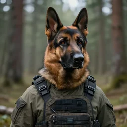 Norwegian forest war action portrait of furry anthro anthropomorphic german shepard head animal person fursona wearing clothes modern soldier tactical digital art by Greg Rutkowski, Simon Stalenhag, trending on Artstation, CGSociety