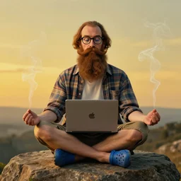 a handsome white male, long brown beard, oversized brown mustache, glasses, blue eyes, plaid shirt, cargo shorts, blue crocs : : sitting on a large rock, meditation pose, apple laptop in his lap, golden hour, wisps of smoke, mystical yet whimsical. style of magritte, by bosch, in the style of salvador dali, digital art, trending on artstation, highly detailed