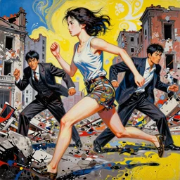 decollage painting young japanese actress running from the pursue and struggling in a ruined city by adrian ghenie and takato yamamoto and edward hopper and mark ryden and tsutomu nihei, part by bridget riley, acrylic pour and splashing paint, very coherent, baroque elements, perfect anatomy, intricate design. pop art.