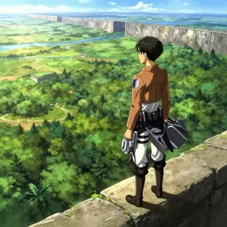 eren jager from attack on titan standing on a 5 0 meters wall looking at a huge plain with forests and river, and a the horizon another 5 0 meters wall, vibrant highlights sharp contrast trending pixiv fanbox by alex ross by victo ngai james gurney makoto shinkai takashi takeuchi studio ghibli