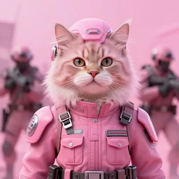 a portrait of a futuristic british longhair cat soldier in war scene, pink vibe, hyper realistic, concept art, intricate, hyper detailed, smooth, vibrant, by greg rutkowski
