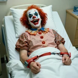 hysterical and crazy clown lying in hospital bed with wrist restraints on, restraints straps attached to hospital bed siderails, greg rutkowski, photograph, 8 k