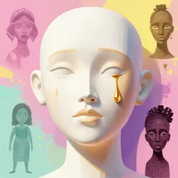 beautiful face, made of porcellaine and wood, golden tears, dramatic lighting, maximalist pastel color palette, splatter paint, pixar and disney concept, graphic novel by fiona staples and dustin nguyen, peter elson alan bean wangechi mutu, clean cel shaded vector art, on artstation