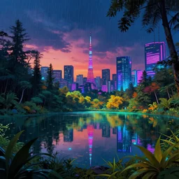 landscape by john william casilear, tokyo junglepunk neon noir dramatic lighting at dusk nightsky rainforest thermal vision lake at dawn cyberpunk neon signs myst infrared nature futuristic vaporwave universe liberty city bladerunner 2 0 4 9 matte painting, archdaily, wallpaper, highly detailed, trending on artstation.
