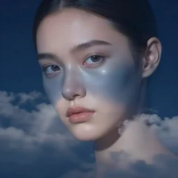 3 d, close - up, clouds, moon rays, frown fashion model, night, liquid silver metal and black water, vogue cover style, poster art, hyper detail, intricate oil painting, multiple exposure, morning mood, 3 d, by tooth wu and wlop and beeple and greg rutkowski