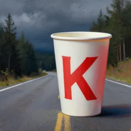 paper cup, white red, macro view!!!, standing on empty road!!, forest background!!, detailed, dark skies painting by greg rutkowski, beautiful, artstation, octane render, oil painting, sharpness, 8 k, golden ratio