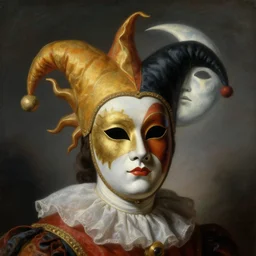 a baroque neoclassicist close - up portrait of an jesters depicting the sun and moon, venetian carnival masks. head, face and shoulders, foggy background. renaissance portrait painting. highly detailed science fiction painting by norman rockwell, frank frazetta, and syd mead. rich colors, high contrast, gloomy atmosphere, dark background. trending on artstation.
