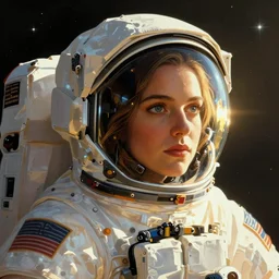 a close-up of Mila Kunis as an astronaut, dramatic backlighting, stars, golden hour, kodachrome, color contrast, high contrast, highly detailed, sharp focus, digital painting, concept art, illustration, trending on artstation, art by greg rutkowski + greg hildebrandt + alphonse mucha
