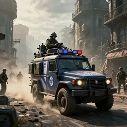 a militarized police vehicle riding through an orwellian town, police searching the area, action scene, an epic fantasy, dramatic lighting, cinematic, establishing shot, extremely high detail, photorealistic, cinematic lighting, artstation, octane render, by simon stalenhag, horizon forbidden west